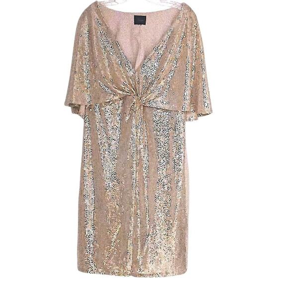 Vintage Sequin Dress Gold Sheath Midi Sz XL SHINY Twist Top Wrap Holiday Party - Picture 1 of 14